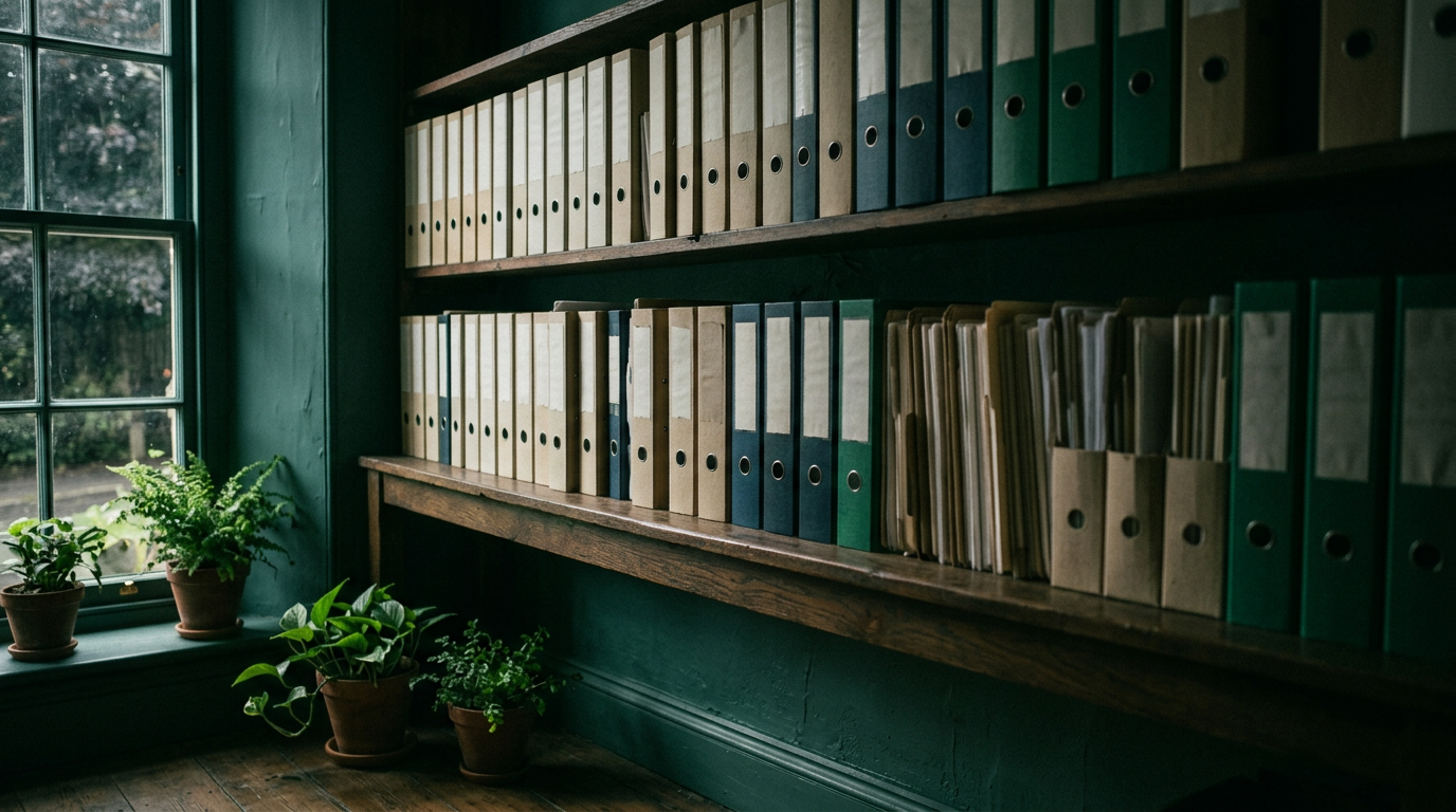 Rows of paper binders on a shelf, the old way of keeping a client book, generated image