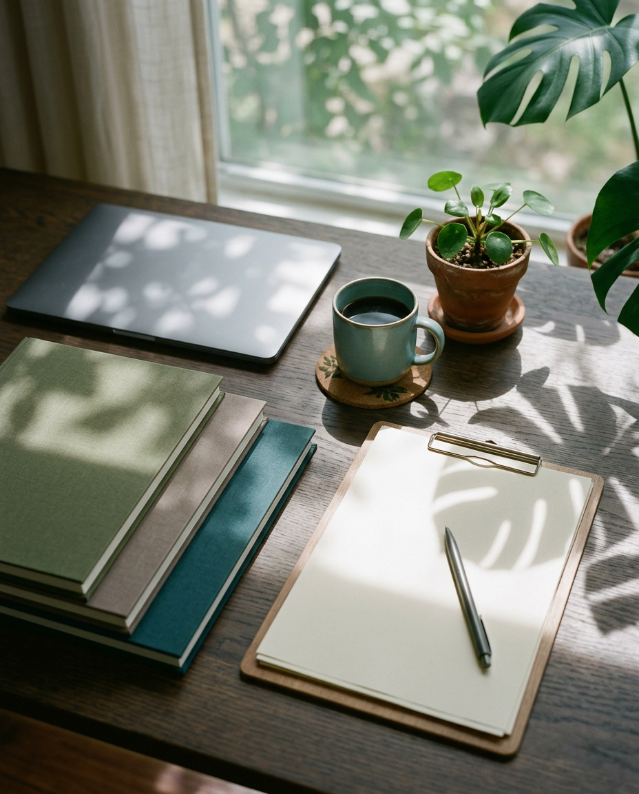 A consultant's desk with a closed laptop, notebooks and a clipboard in window light, generated image